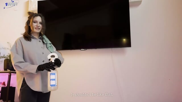 Busty brown-haired palace maid gives gargle suck off and spunks on big orbs - impressive