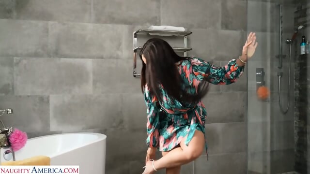 Sexy Latina fucks boyfriend's son in the shower